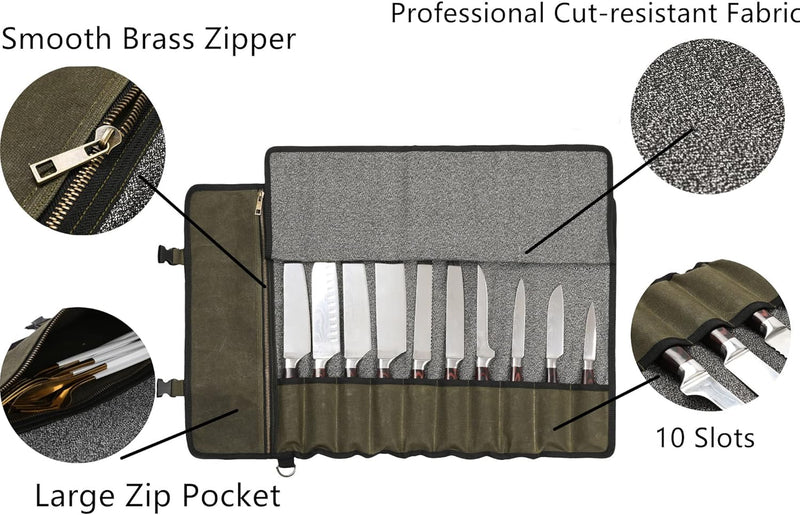 Professionelle Kochmessertasche mit schnittfestem Material, strapazierfähigem, gewachstem 16-Unzen-S