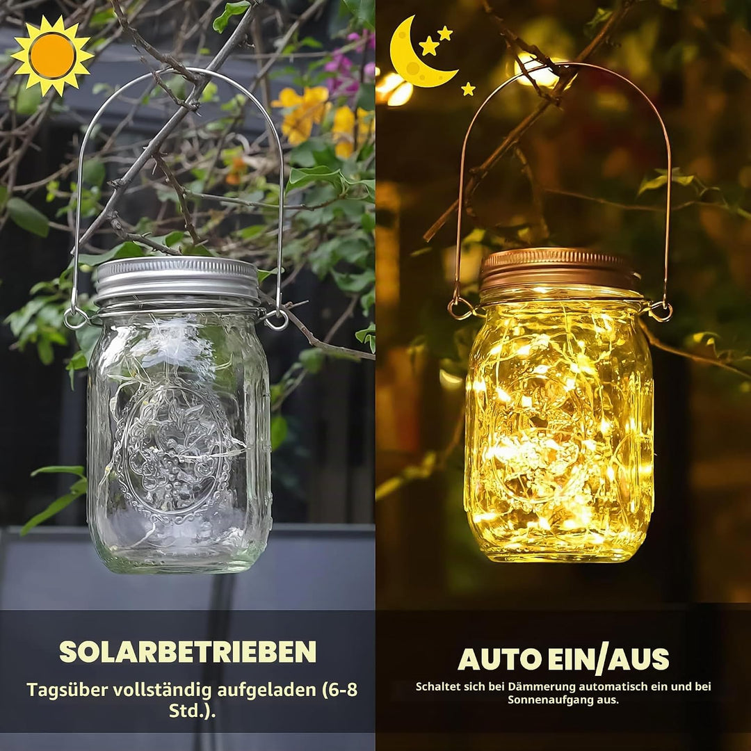 Solarlampe für aussen Garten - 4 Pack 30 LEDs Lichterkette im Einmachglas mit Griff IP65 Wasserdicht