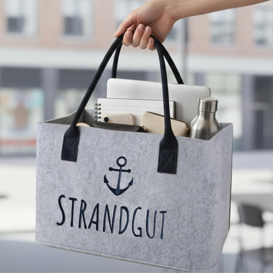 com-four® Filz-Shopper mit Henkel - faltbarer Aufbewahrungskorb aus Filz - Tasche mit maritimem Spru