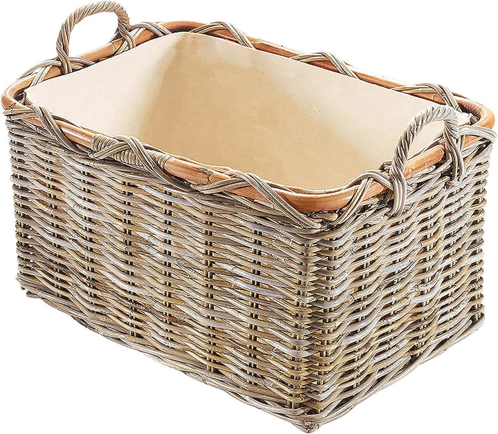 Kobolo Holzkorb für Kaminholz rechteckig Kubu grey aus Rattan mit Griffen und Leinen Kubu Grau Stoff