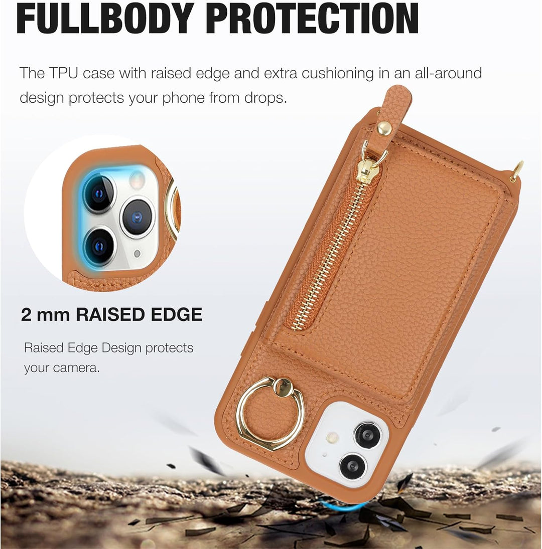 ELTEKER Handyhülle für iPhone 12 Mini Hülle mit Band Kartenfach Handykette Ringhalterung Geldbörse,L