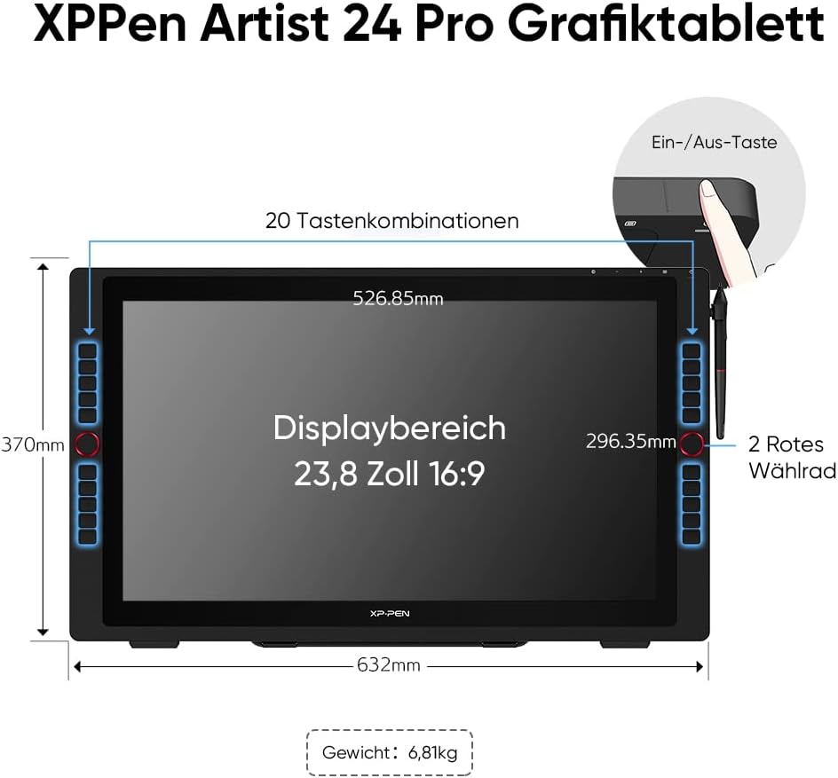 XP-PEN Artist 24 Pro Grafik-Tablet mit Display 2K QHD in 23,8 Zoll (63,8 cm), passiver Eingabestift,