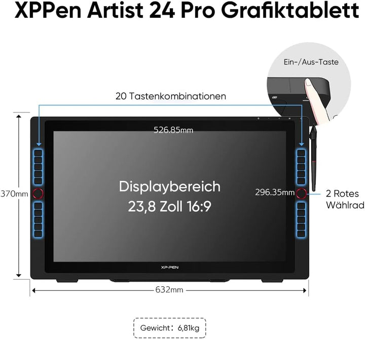 XP-PEN Artist 24 Pro Grafik-Tablet mit Display 2K QHD in 23,8 Zoll (63,8 cm), passiver Eingabestift,