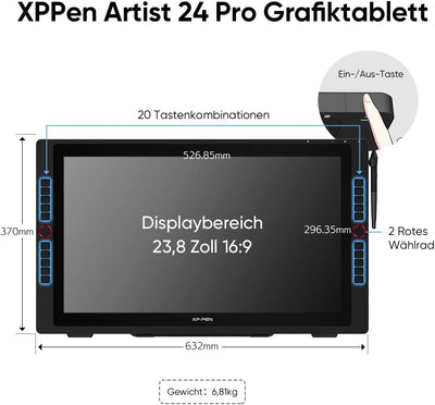 XP-PEN Artist 24 Pro Grafik-Tablet mit Display 2K QHD in 23,8 Zoll (63,8 cm), passiver Eingabestift,