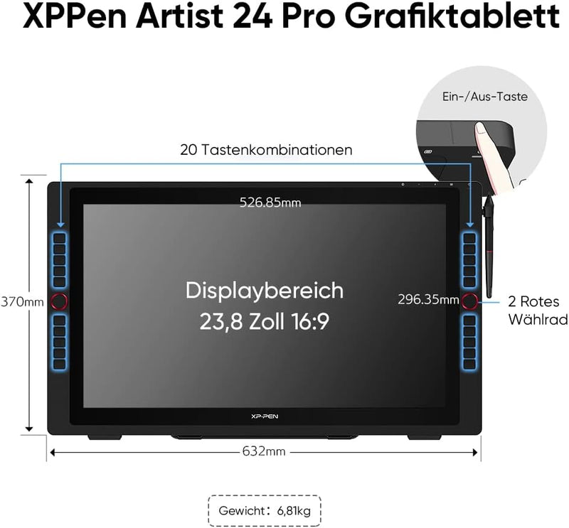 XP-PEN Artist 24 Pro Grafik-Tablet mit Display 2K QHD in 23,8 Zoll (63,8 cm), passiver Eingabestift,