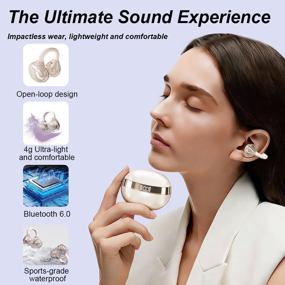 Clip-on Open-Ear Bluetooth-Kopfhörer Wireless,Bluetooth 6.0,60 Stunden Ultra-Lange Akkulaufzeit,Komf