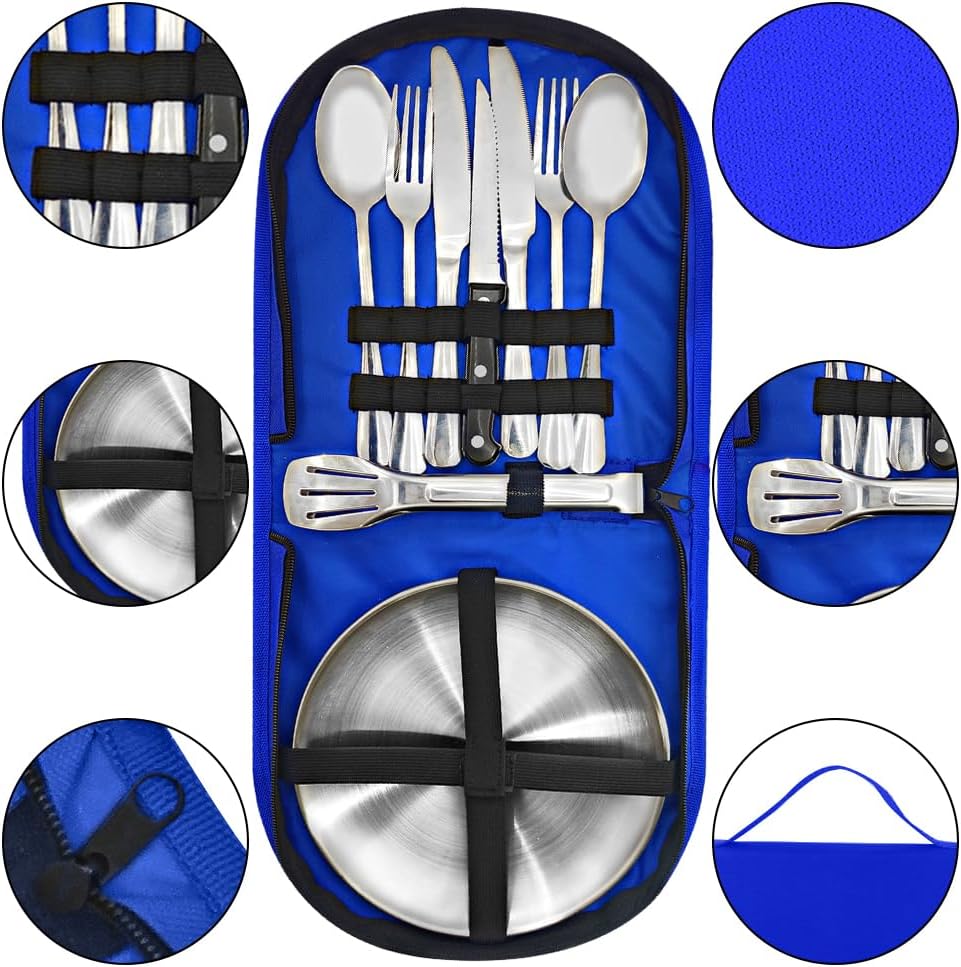 Camping Geschirr 2/4 Personen, 11/21PCS Camping Zubehör Camping Besteck Set Edelstahl Picknick Zubeh