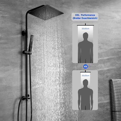 JOHO XXL EdelstahlDuschset Duschsystem Duschstange mit Kopfbrause 30x30cm Matt schwarz 3030MB, 3030M