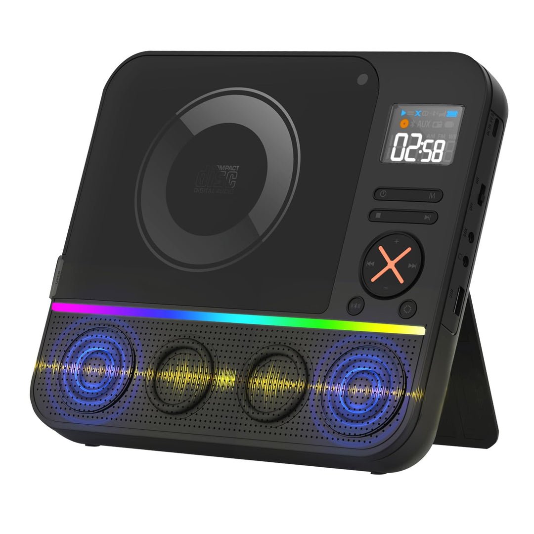 Tragbarer CD Player Bluetooth, Boombox Desktop CD-Player mit Bluetooth FM-Radio und RGB LED-Anzeige