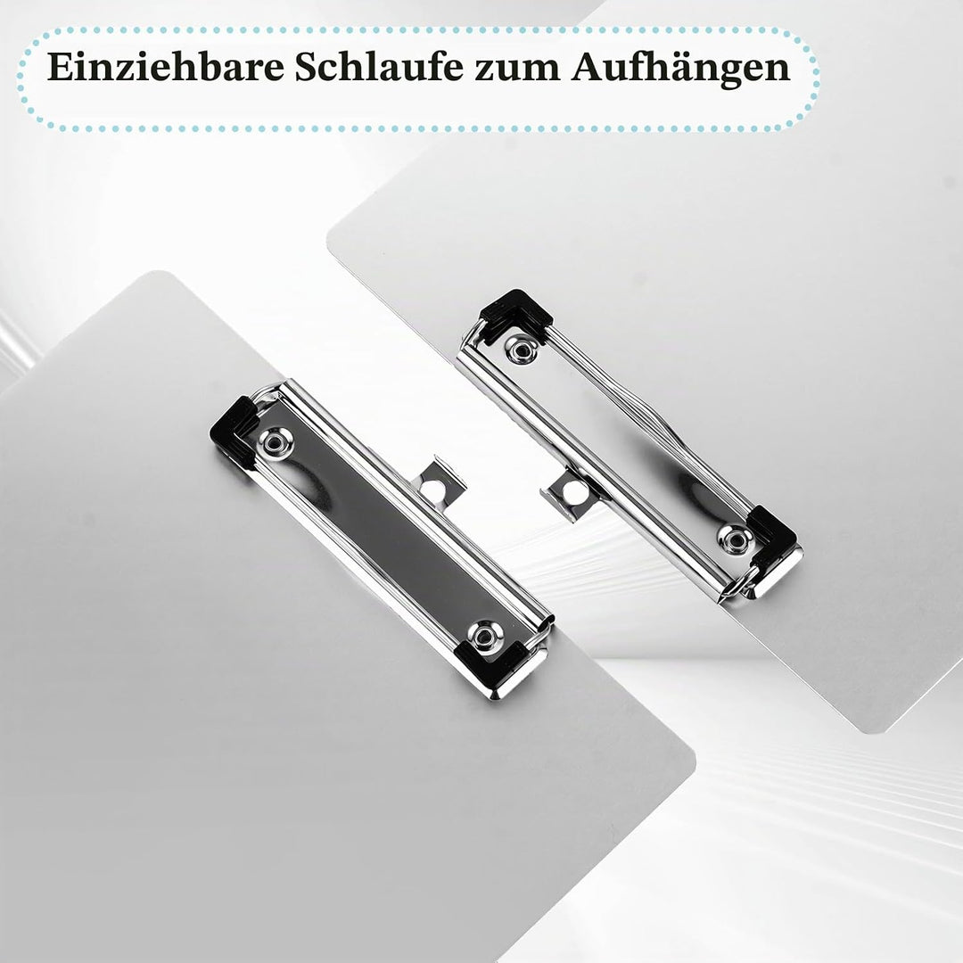 APACALI 4 Stück Alu Klemmbrett A4 mit gummierter Metalklemme, Schreibbrett DIN A4 mit Aufhängeose, P