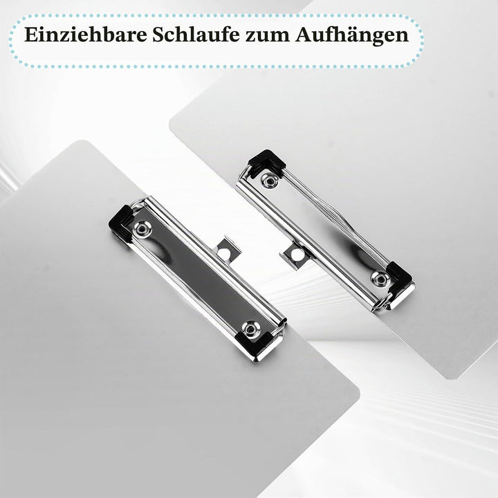 APACALI 4 Stück Alu Klemmbrett A4 mit gummierter Metalklemme, Schreibbrett DIN A4 mit Aufhängeose, P