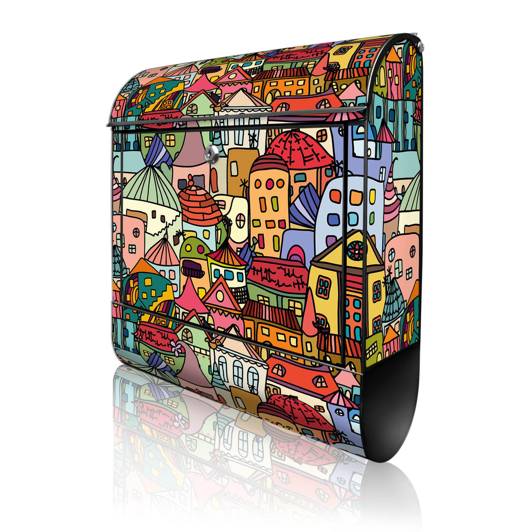 banjado® Design Briefkasten mit Motiv Funky Town 39x47x14cm &amp; 2 Schlüssel - Briefkasten Stahl schwar
