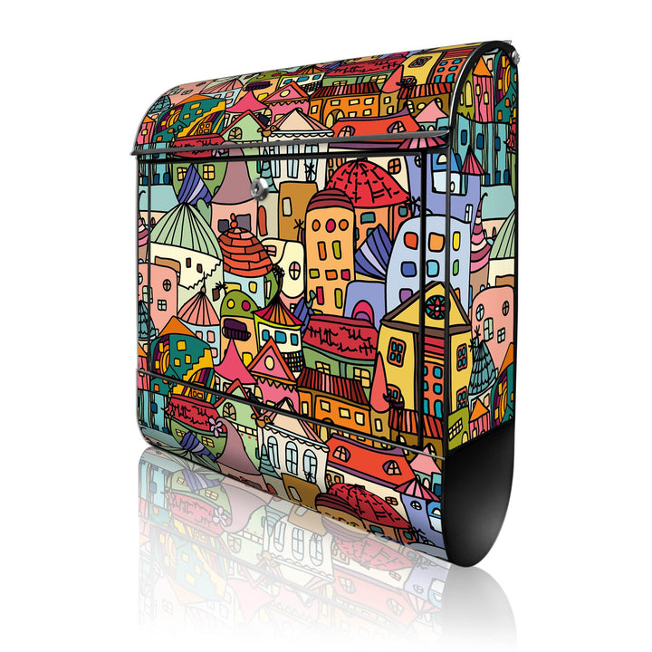 banjado® Design Briefkasten mit Motiv Funky Town 39x47x14cm &amp; 2 Schlüssel - Briefkasten Stahl schwar