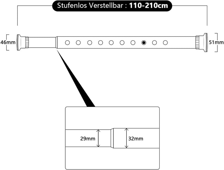 Teleskopstange, 110-210cm, Schwarz, Klemmstange für Gardinen und Raumteiler, Gardinenstange ohne Boh