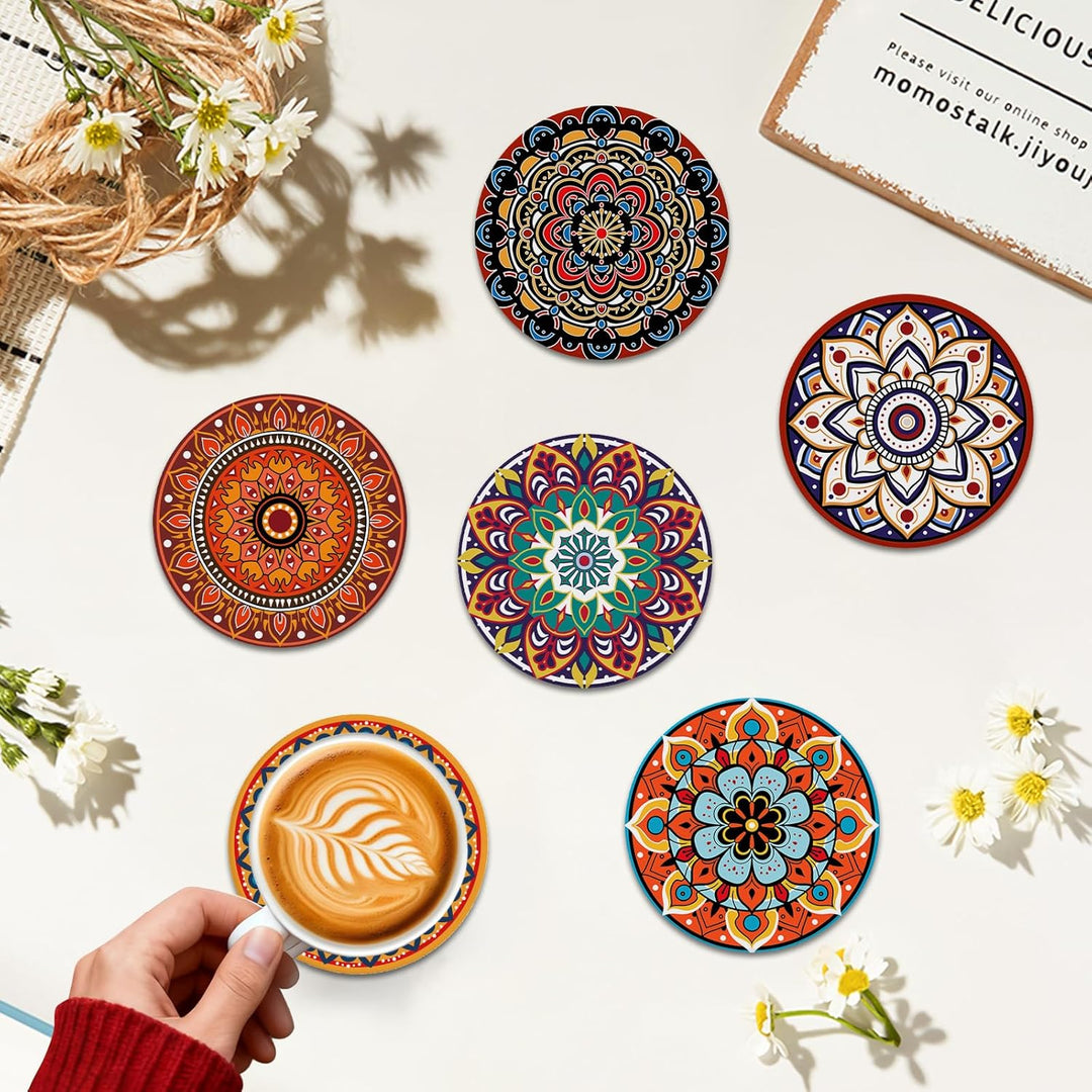 Boho Mandala Keramik Untersetzer, 6er Set Getränkeuntersetzer mit Metallhalter, saugfähige runde rut