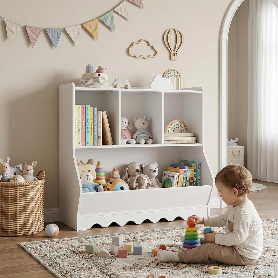 Kinder Bücherregal &amp; Spielzeugregal – Freistehendes Kinderregal aus Holz mit 4 Fächern, Spielzeugauf