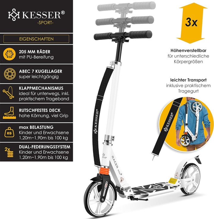 KESSER® Cityroller Scooter 205mm Räder PU Big Wheel - Pro-S Tretroller mit Doppel Federung, City-Rol