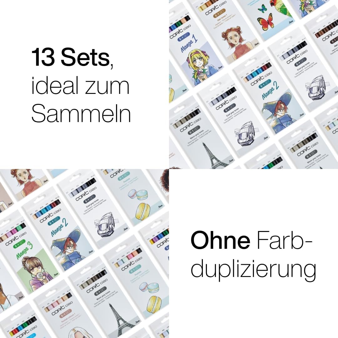 COPIC Ciao Marker Set 5+1 Hair Tones 1, Blisterpackung mit 5 Markern + 1 Multiliner 0,3 mm, für Skiz