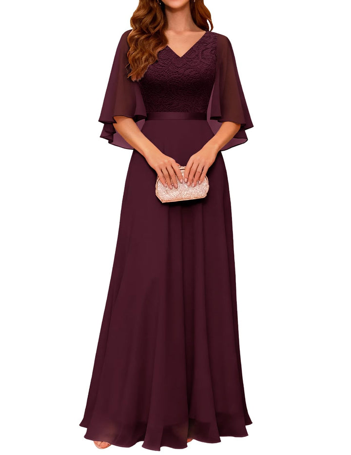 DRESSTELLS Abendkleid Damen Festlich Spitzenkleid für Hochzeit Chiffon Cape Ärmel Ballkleid Elegant