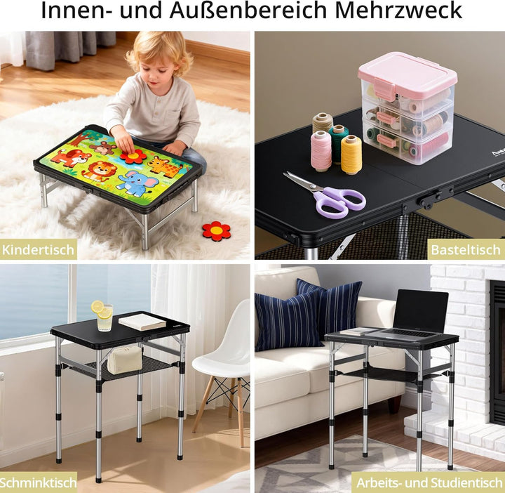 Anbte Campingtisch Klappbar 58x40cm Aluminium-Rahmen & Kunststoff-Tischplatte mit 3 Höhen Verstellba