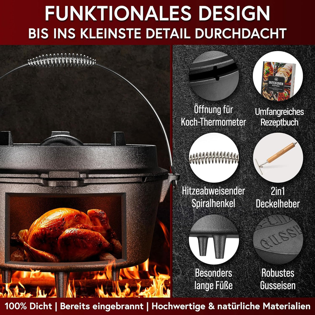 GUSSKÖNIG Dutch Oven Set - Eingebrannter Dutch Oven 4 Liter - Feuertopf Gusseisen mit Füssen - Schmo