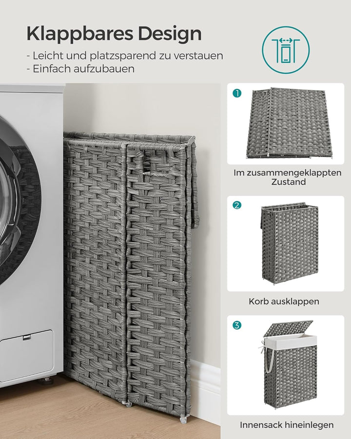 SONGMICS Wäschekorb schmal, Wäschesammler 55 L, Wäschebox aus synthetischem Rattan, mit Deckel und G