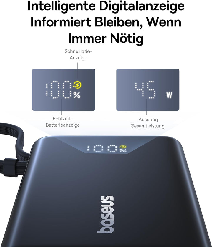 Baseus Picogo Powerbank, Power Bank 10000mAh 45W mit integriertem USB-C Kabel, PD 3.0 QC 4+ Externe