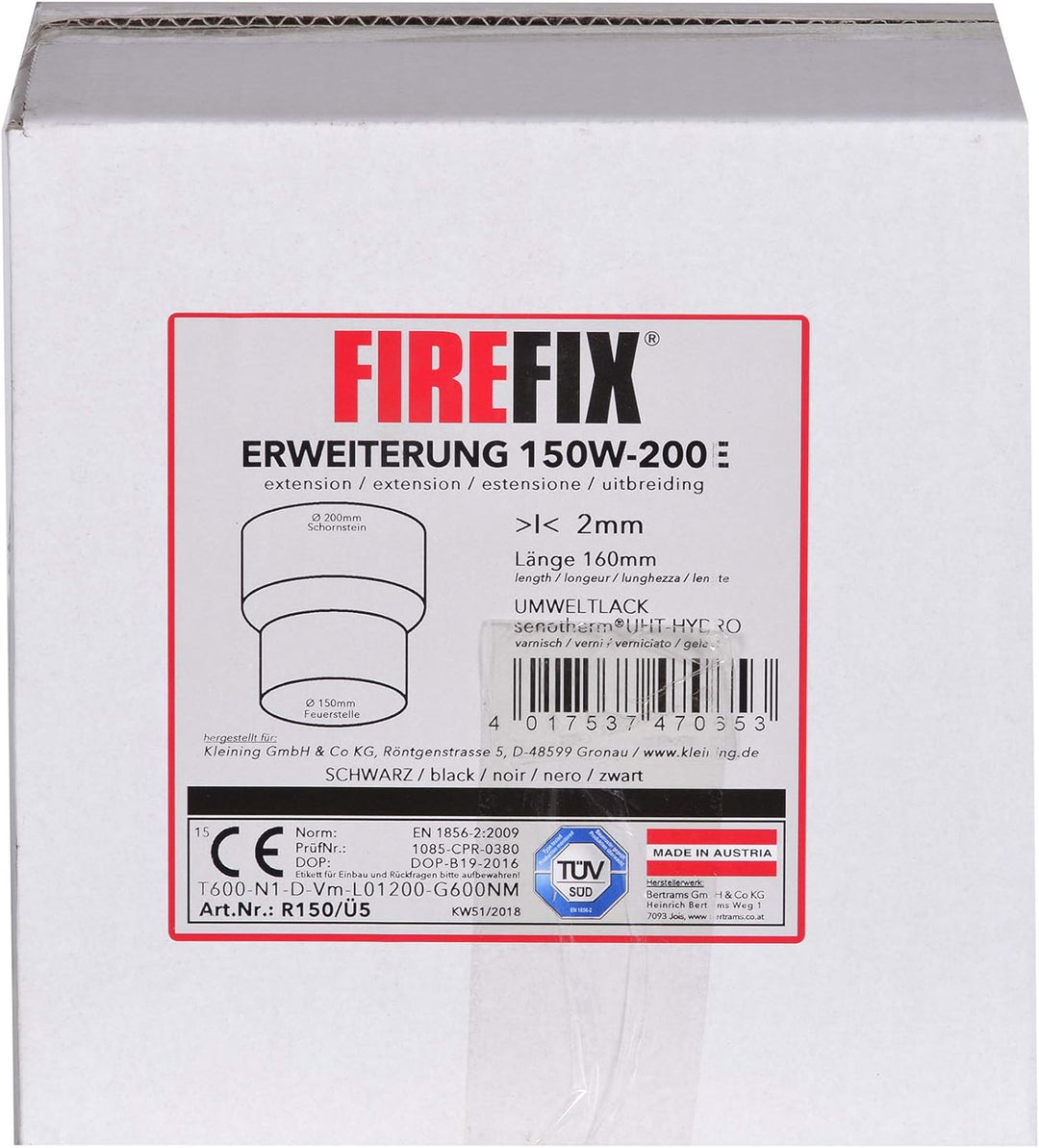FIREFIX R150/Ü5 Übergangsstück (Erweiterung) für 2 mm Starke Rauchrohre, schwarz lackiert, von 150 m