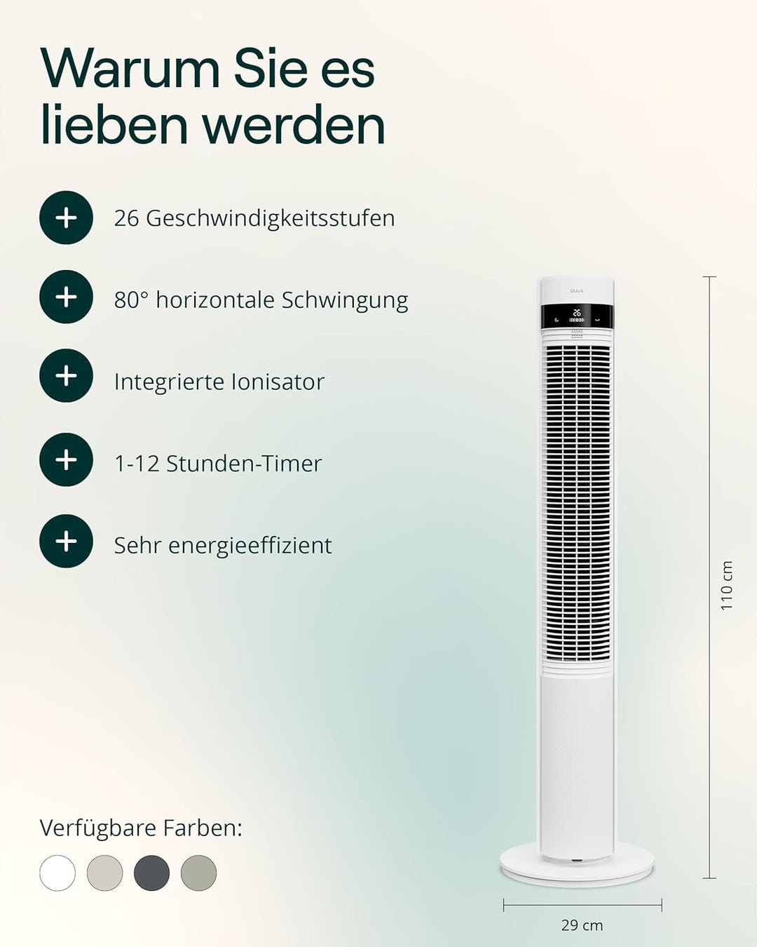 Duux Elevate Turmventilator – 12 Geschwindigkeiten, 80° Oszillation, Nur 25 dB, Ionisator, Timer (1–