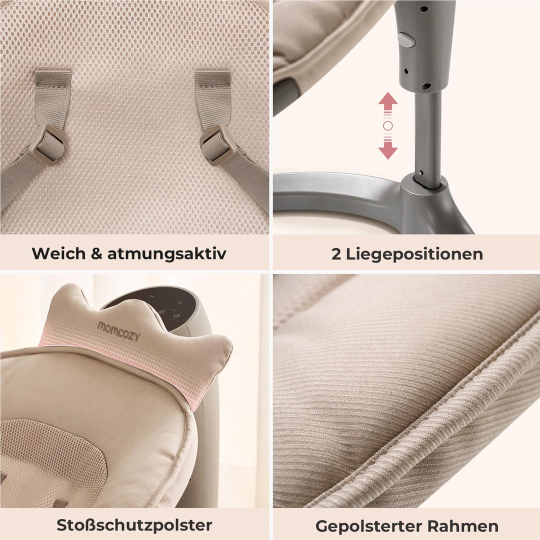 Momcozy 2-in-1 Elektrische Babywippe, 4 Bewegungen & 4 Geschwindigkeiten, Doppelarm-Struktur, 2 Lieg