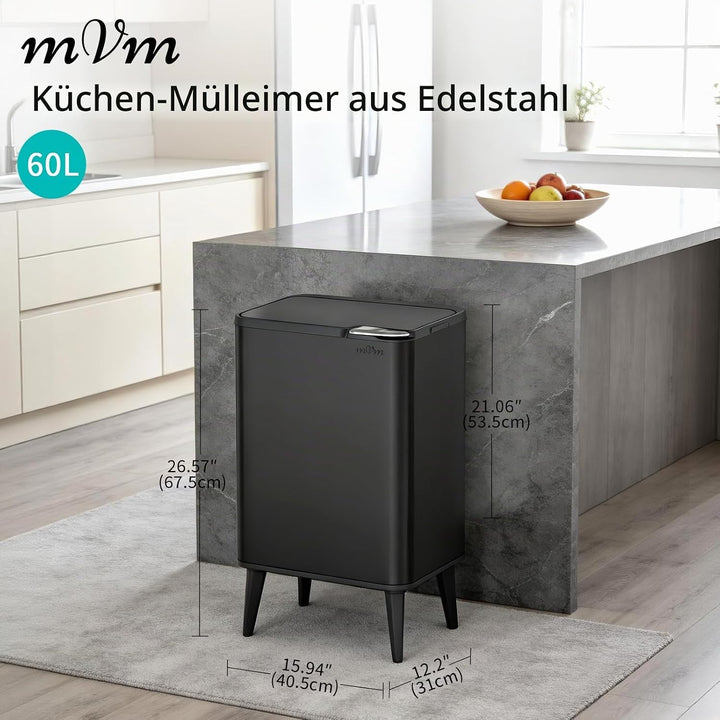 mVm Küchen &amp; Büromülleimer 60L, Edelstahl, Rechteckig, Mit Deckel &amp; Geruchsfilter, Sanftschliessend