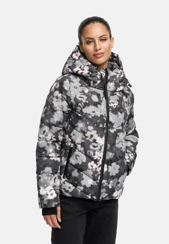 MARIKOO Damen Winterjacke warme Steppjacke mit abnehmbarer Kapuze Samuiaa XVI XS-3XL XS Dark Flower,