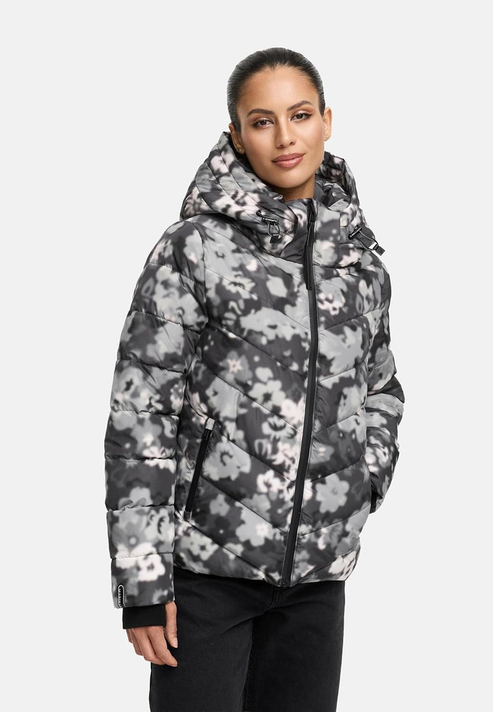 MARIKOO Damen Winterjacke warme Steppjacke mit abnehmbarer Kapuze Samuiaa XVI XS-3XL S Dark Flower,