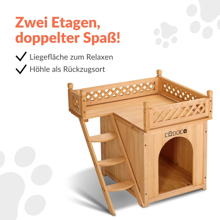 CADOCA® Tierhaus FSC®-Zertifiziert Kiefer 65x55x54cm 2-stöckig Treppe Sonnenterrasse Katzenhaus Katz