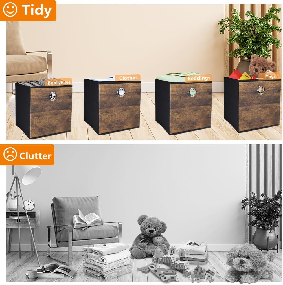 4 Stück Haltbare Aufbewahrungswürfel Behälter mit Vintage Holzkorn,Dekorative Stoffbox Aufbewahrungs
