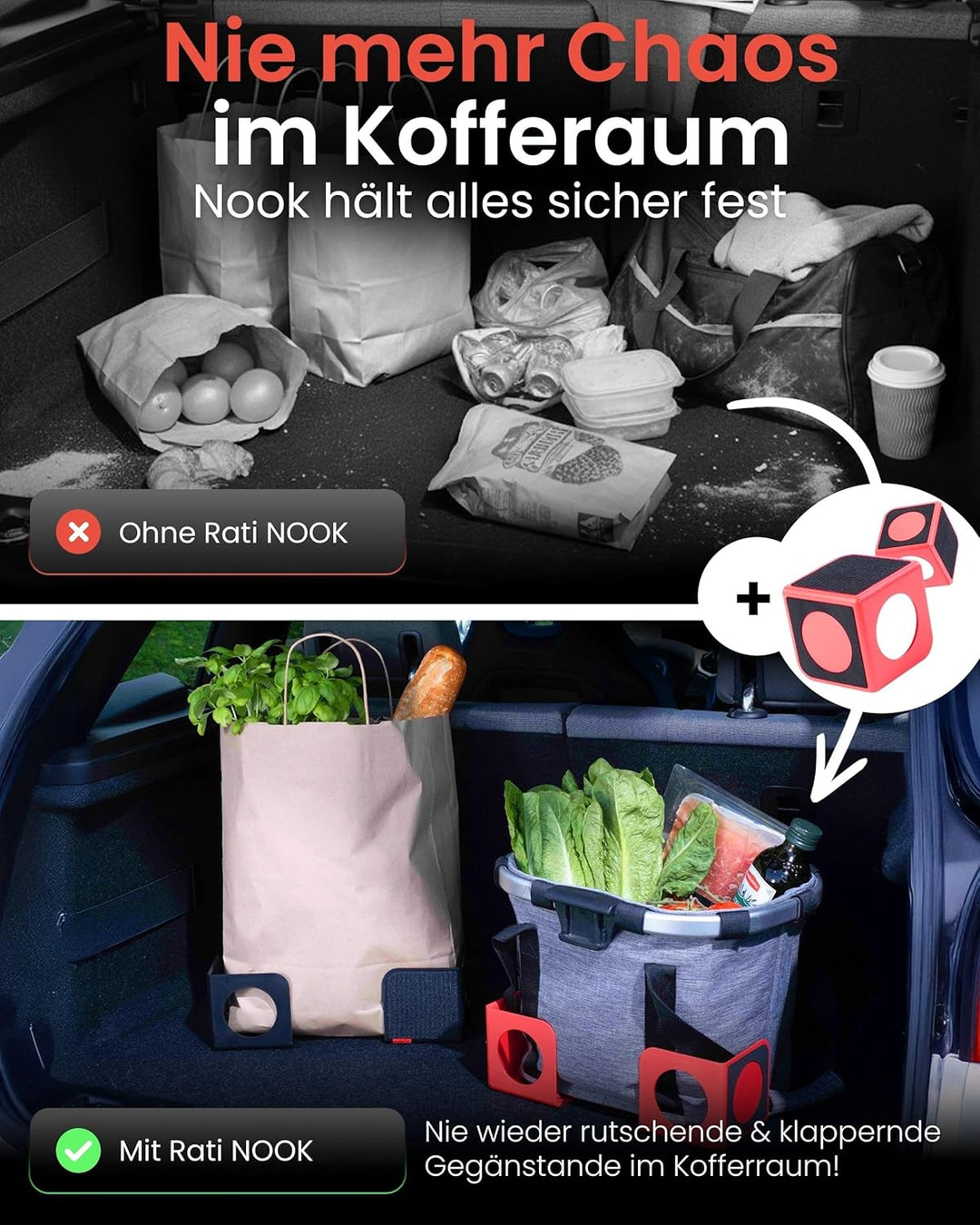 rati Nook 2x Kofferraum Organizer Klett & Antirutschpads Gepäckfixierung Kofferraum - Auf jeder Ober