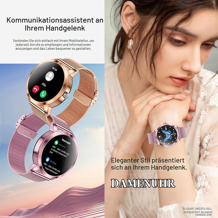 Smartwatch Damen mit Telefonfunktion, 1,09” Fitnessuhr mit 123 Sportmodi, Pulsmesser, Schlafmonitor,