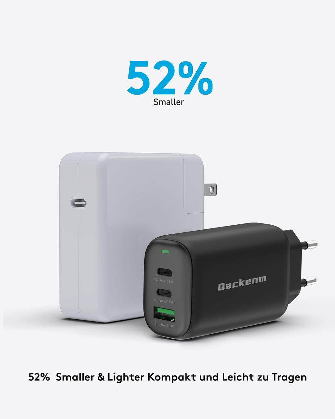 Qackenm GaN USB C Ladegerät 65W, 3-Port USB C Netzteil, PPS Schnellladegerät für MacBook Pro/Air, iP