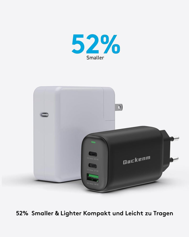 Qackenm GaN USB C Ladegerät 65W, 3-Port USB C Netzteil, PPS Schnellladegerät für MacBook Pro/Air, iP
