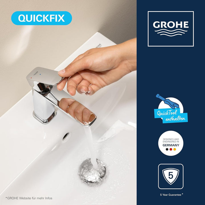 GROHE Dice, energiesparende Waschtischarmatur, Kaltwasser in Mittelstellung (Wasserhahn für das Bad,