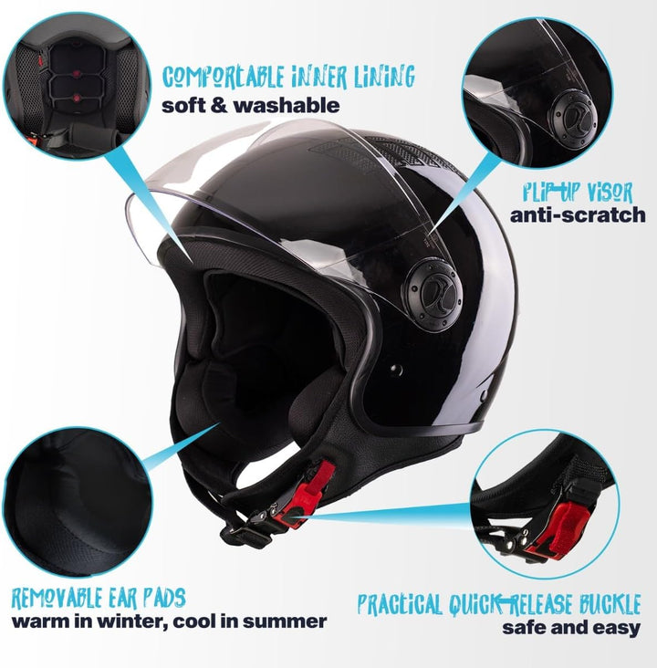 VINZ Como Jethelm mit Visier ECE 22.06 Zertifiziert | Roller Helm Mopedhelm Für Motoroller & Vespa |
