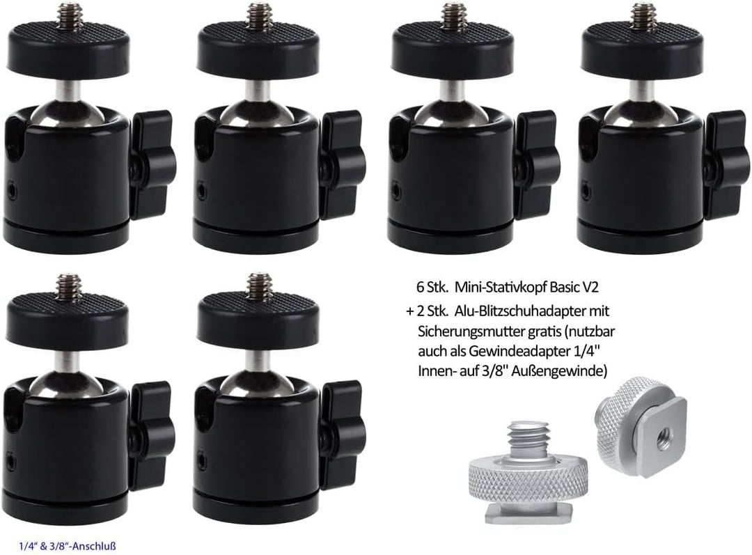 Photecs® Mini Stativkopf Kugelkopf Basic V2 mit 3/8" & 1/4"-Anschluss, montiert 360° drehbar (6er-Sp