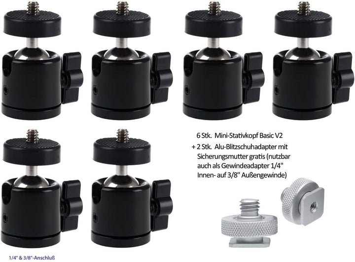 Photecs® Mini Stativkopf Kugelkopf Basic V2 mit 3/8" & 1/4"-Anschluss, montiert 360° drehbar (6er-Sp