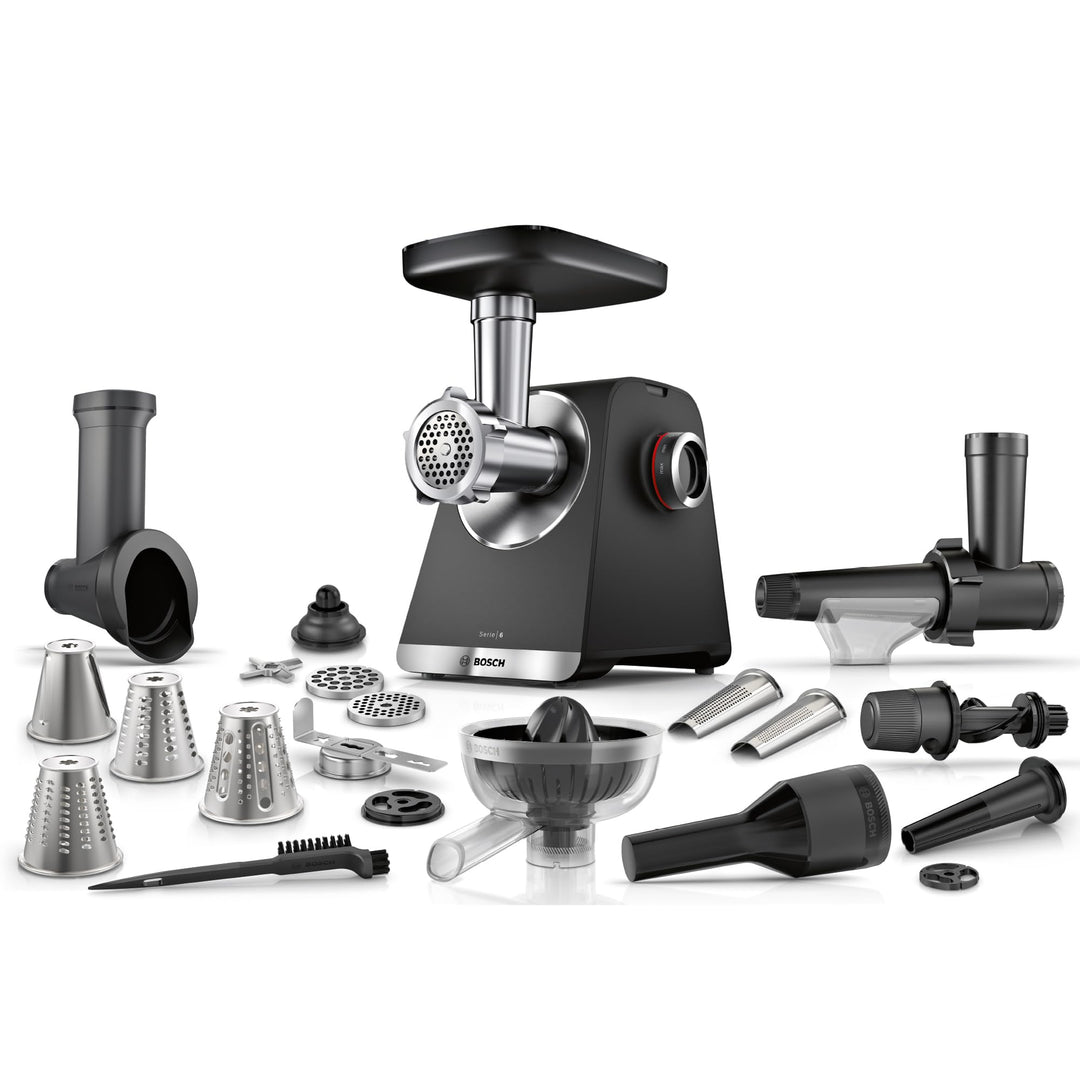 Bosch MultiPower Serie 6 Fleischwolf MFWS682B, Reibe-, Kebbe- und Wurst-Aufsatz, Entsafter, Gebäck-A