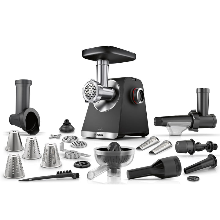 Bosch MultiPower Serie 6 Fleischwolf MFWS682B, Reibe-, Kebbe- und Wurst-Aufsatz, Entsafter, Gebäck-A
