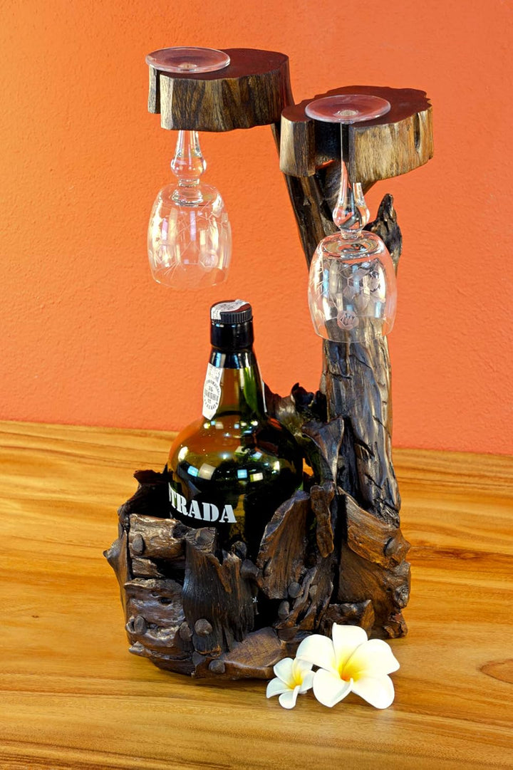 Teak Wurzelholz Flaschenständer - 45cm Teak Flaschenhalter - Edel und dekorativ für 1 Flasche und 2