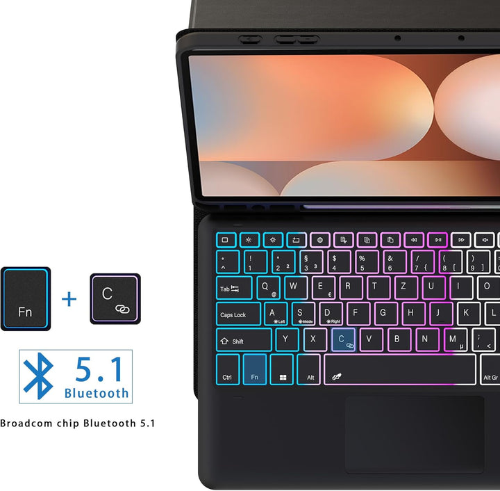 ROOFEI 12,4 Zoll Galaxy Tab S9 FE+/S9+/S10+ Hülle mit Tastatur QWERTZ : DIY 3-Zonen-7-Farbige Beleuc