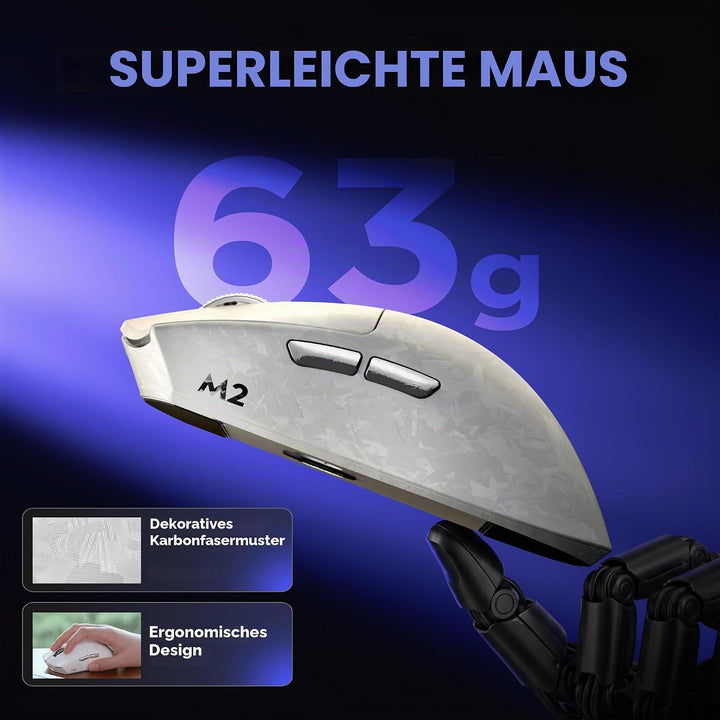 YUNZII M2 Kabellose Dual 8K Gaming Maus, PAW3395, 6-Stufen-DPI (Weiss), Weiss