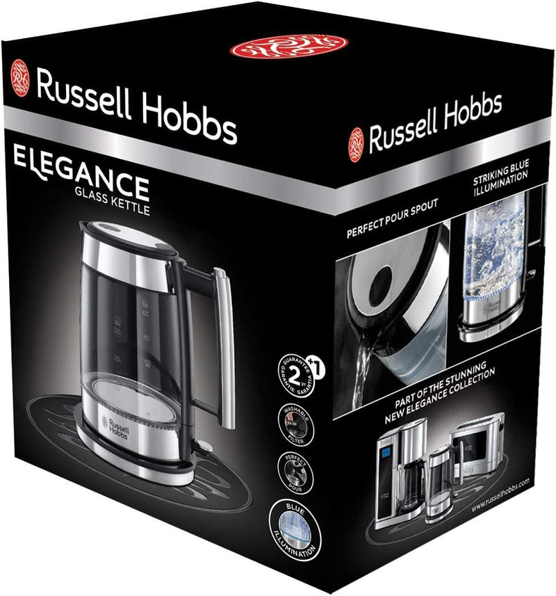 Russell Hobbs Wasserkocher, Glas Elegance, 200W & Toaster Langschlitz Elegance Glas/Edelstahl, inkl.