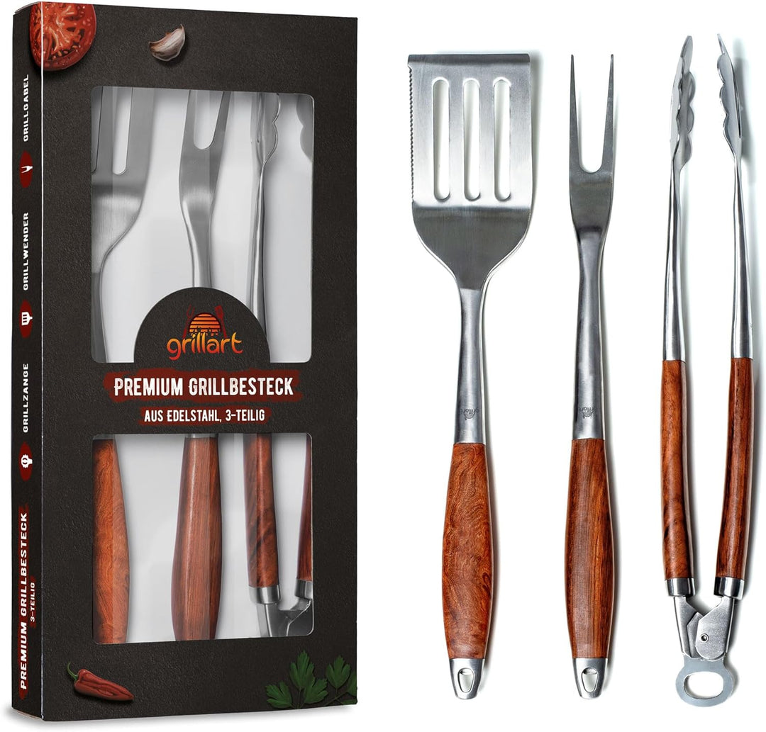 grillart® Premium Grillbesteck Set, 3-teilig aus hochwertigem Edelstahl und edlen Holzgriffen – Gril
